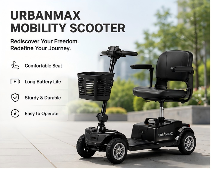 URBANMAX Mobility Scooters for Adults and Seniors, 4-Wheel Electric Mobility Scooter with Padded Seat, Adjustable Armrests, Front Basket and Headlights, Up to 15 Miles Range, 300 LBS Capacity, Black