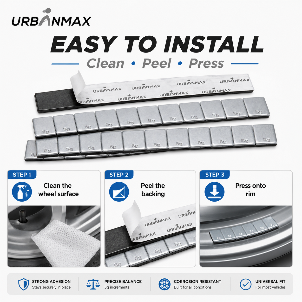 URBANMAX Adhesive Wheel Balance Weights, 5g Segments Stick-On Tire Balancing Weights with Strong Adhesive Backing, Low-Profile Zinc Wheel Weights for Cars, SUVs, Trucks & Motorcycles