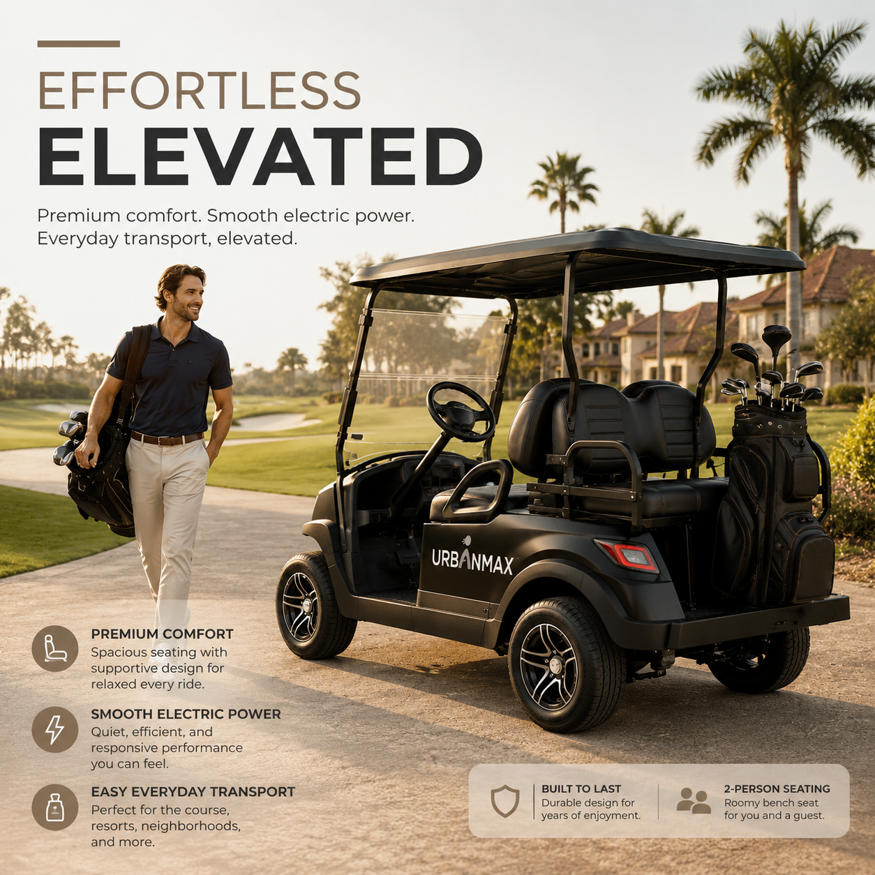 URBANMAX Motorized Golf Carts, 2-Passenger Electric Golf Cart with Windshield, Protective Roof, Comfortable Bench Seat and Headlights for Golf Courses, Resorts and Communities, Black