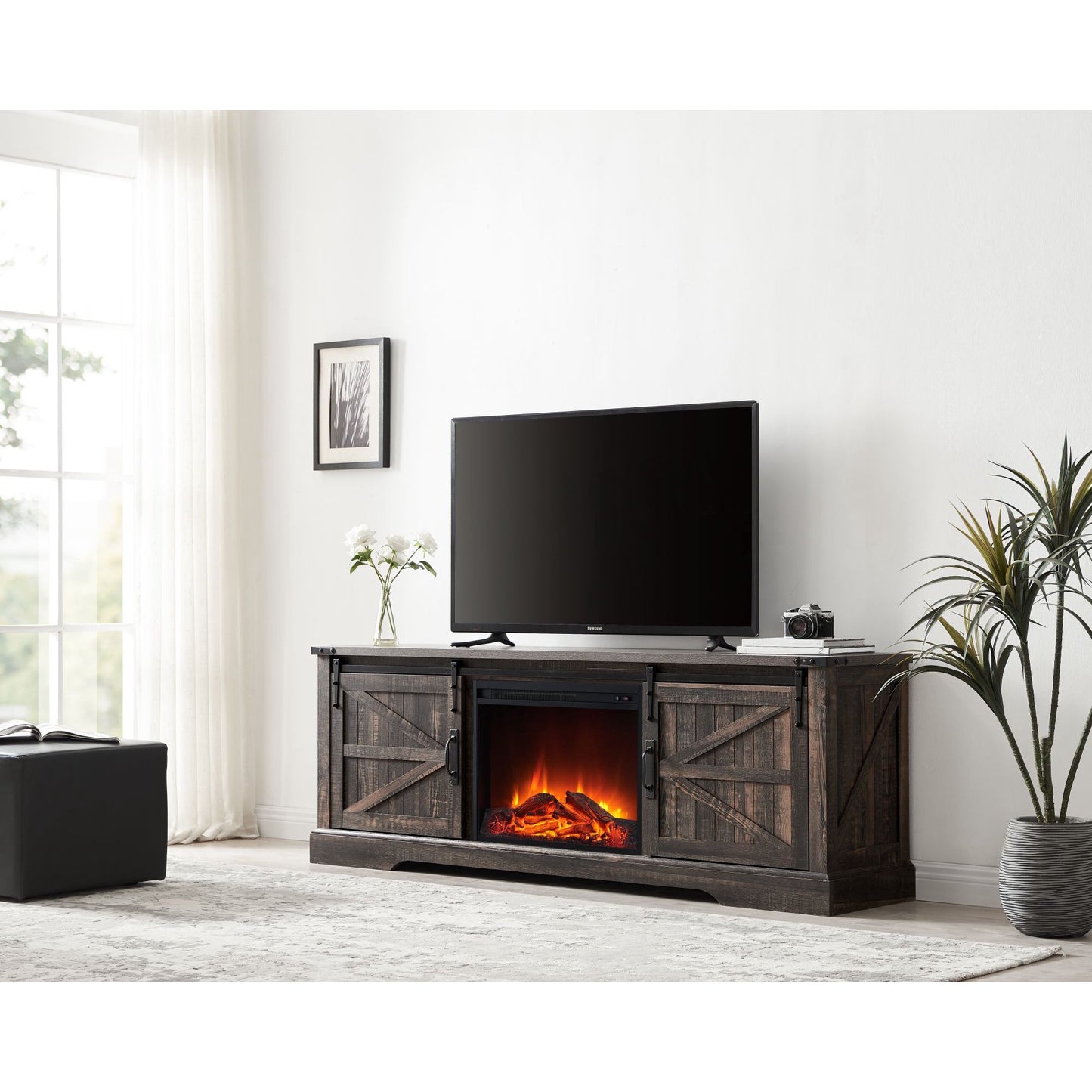 URBANMAX Fireplace TV Stand for 75In TV, 66In Farmhouse Entertainment Center, 23In Electric Fireplace with Remote Control, Large Rustic Media Console Cabinet with Sliding Barn Door