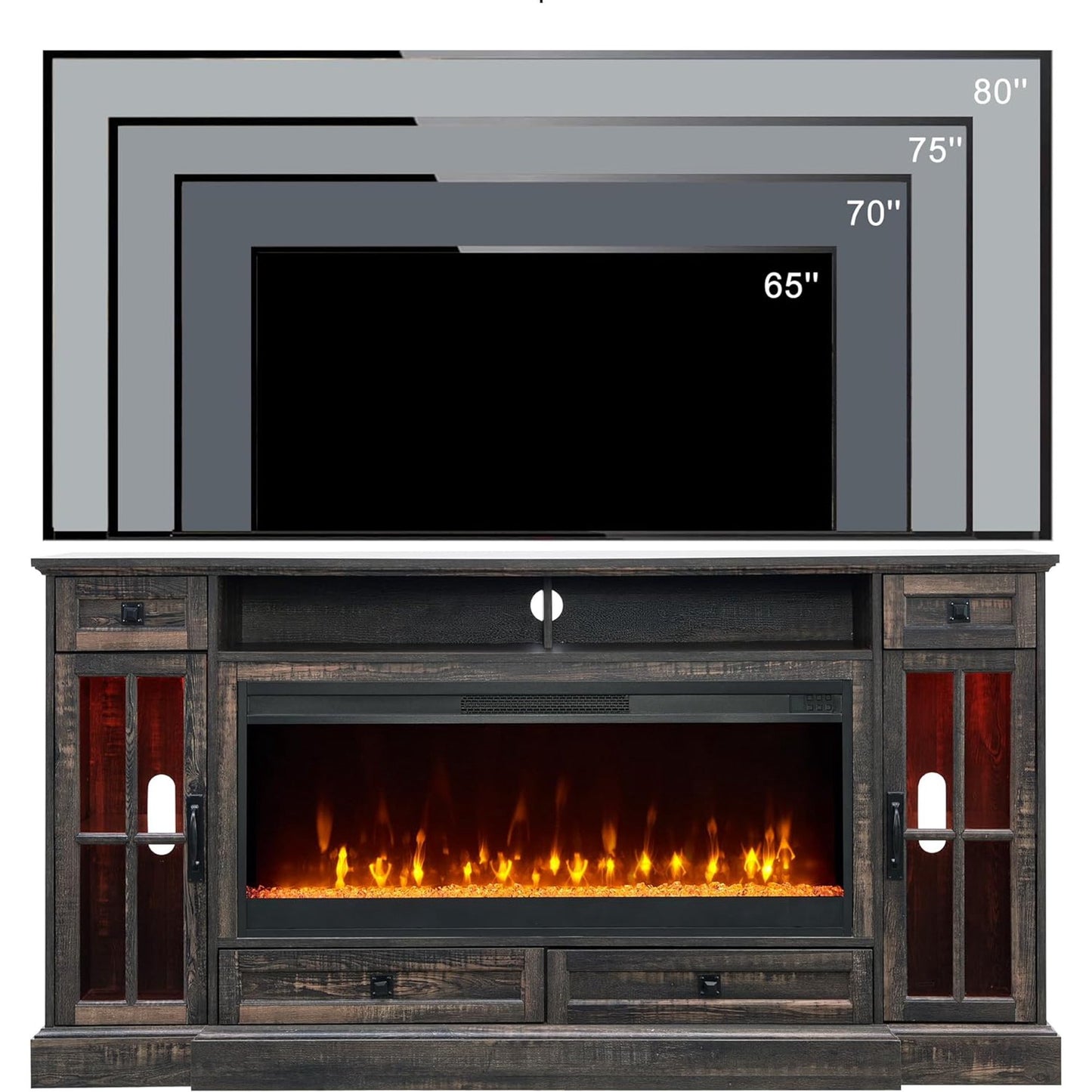 URBANMAX Fireplace TV Stand for 80 Inch TV, Farmhouse Entertainment Center with 42" Fireplace & LED Lights, Modern Media Console Table with Storage Drawers and Cabinets for Living Room