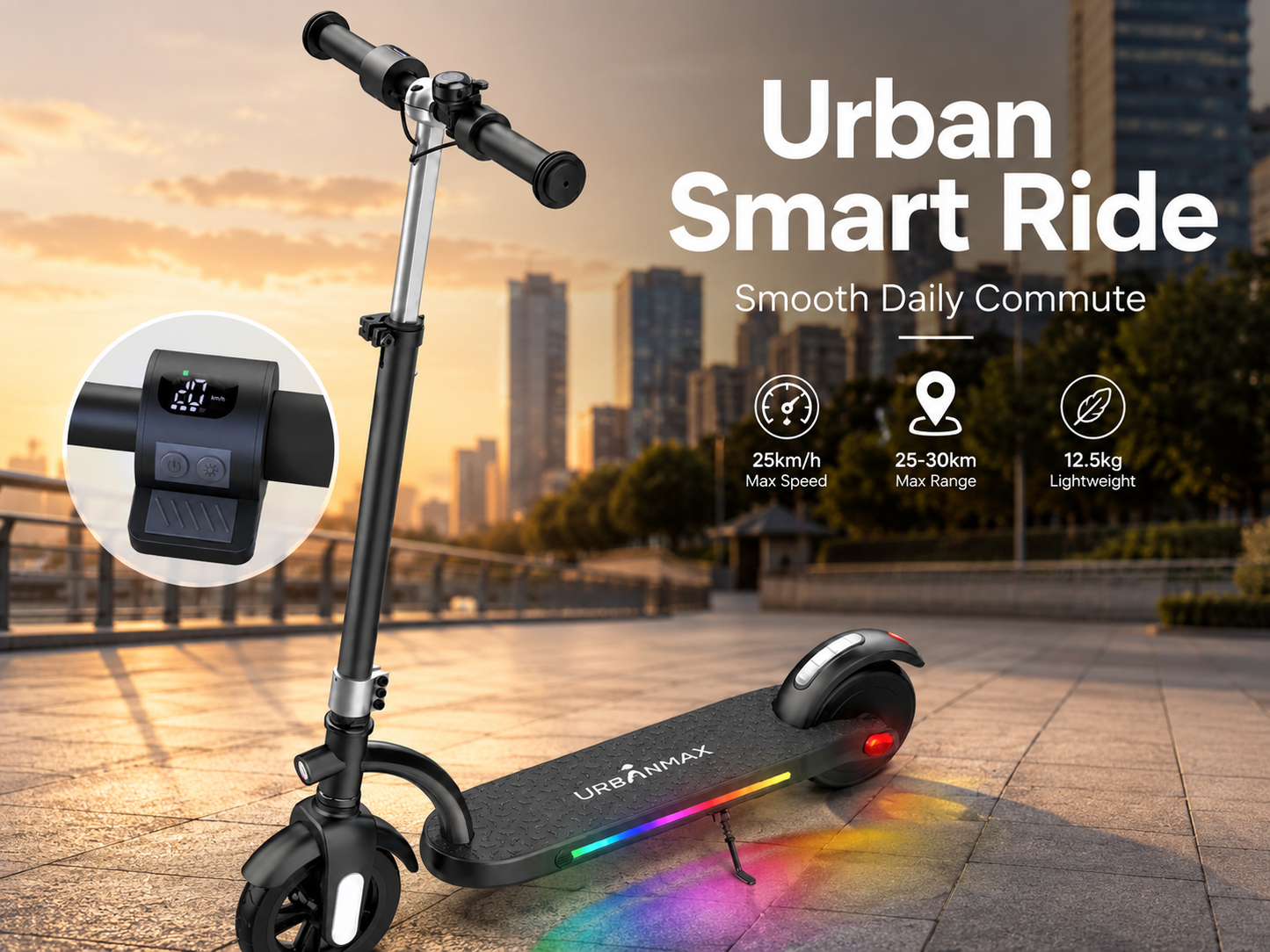 Urbanmax Self-balancing two-wheeled electric scooters for Kids, 180W Motor 10mph Speed Electric Scooter with Adjustable Handlebar and LED Light