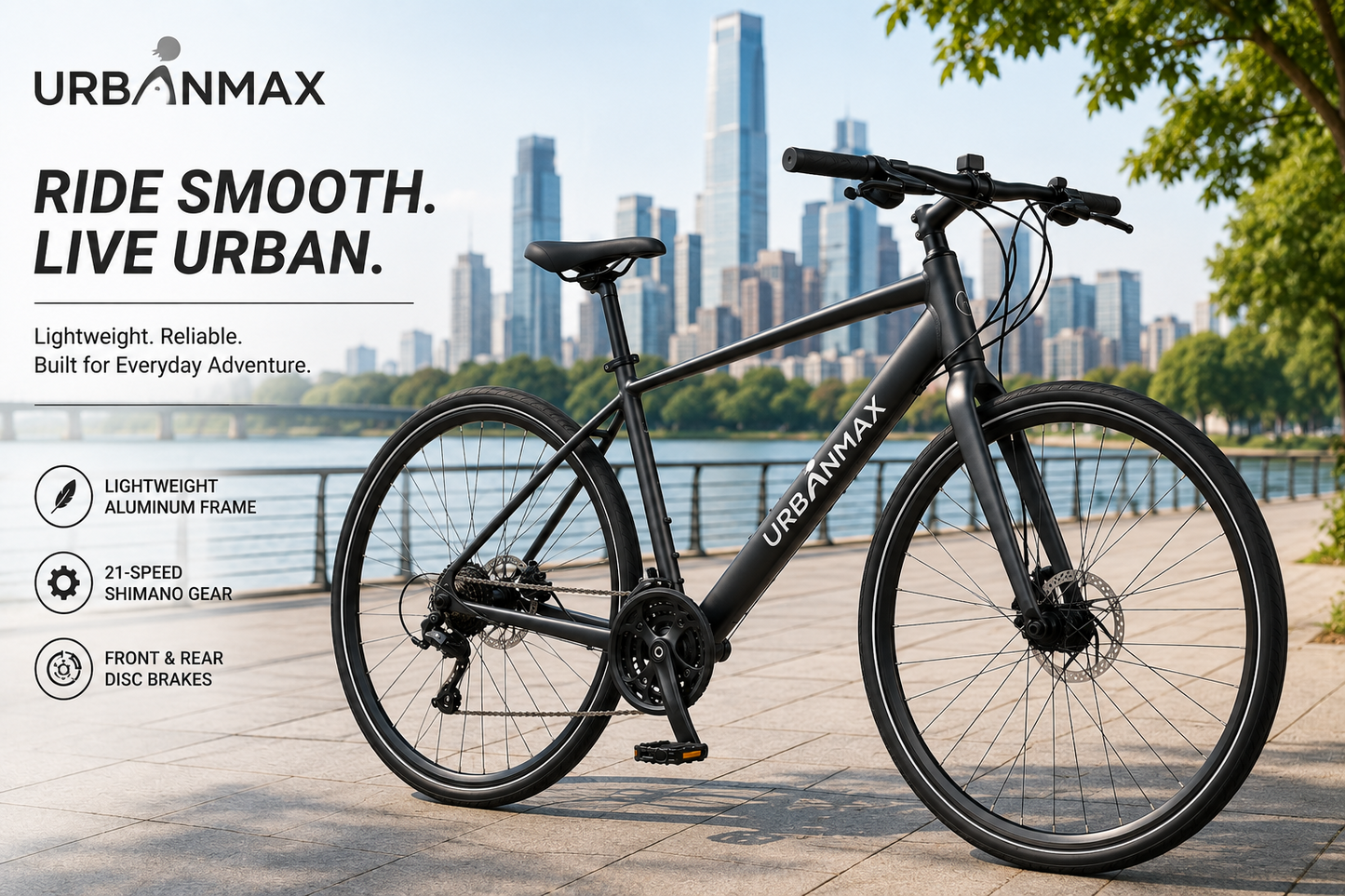 URBANMAX Hybrid Road Bike for Adults, 700C Lightweight City Commuter Bicycle with Aluminum Frame, Shimano 7-Speed Drivetrain, Dual Disc Brakes, Flat Handlebar, Urban Fitness & Daily Riding Bike