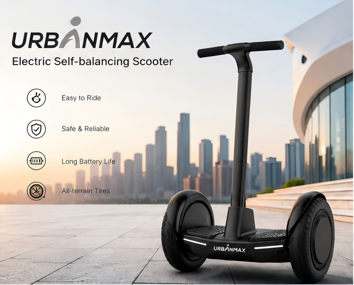 URBANMAX Electric Vehicles, Namely, Electric Self-Balancing Scooter with Adjustable Handlebar, 10-Inch Tires, LED Lights and Anti-Slip Footpads, Up to 20 KM Range, 120 KG Load Capacity, Black