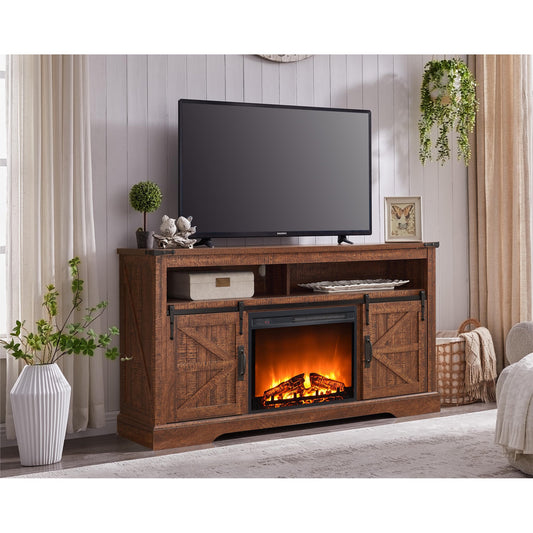 URBANMAX Fireplace TV Stand for 65+ Inch TV, Farmhouse Entertainment Center with 23" Fireplace & LED Lights, Rustic Media Console Table with Sliding Barn Door for Living Room