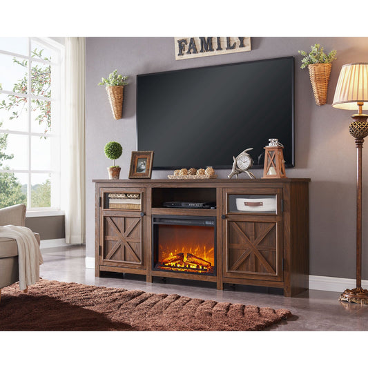 URBANMAX Fireplace TV Stand for 80 Inch TV, Farmhouse Entertainment Center with 23 Inch Electric Fireplace, Media Console with 2 Cabinet and 4 Shelves for Living Room
