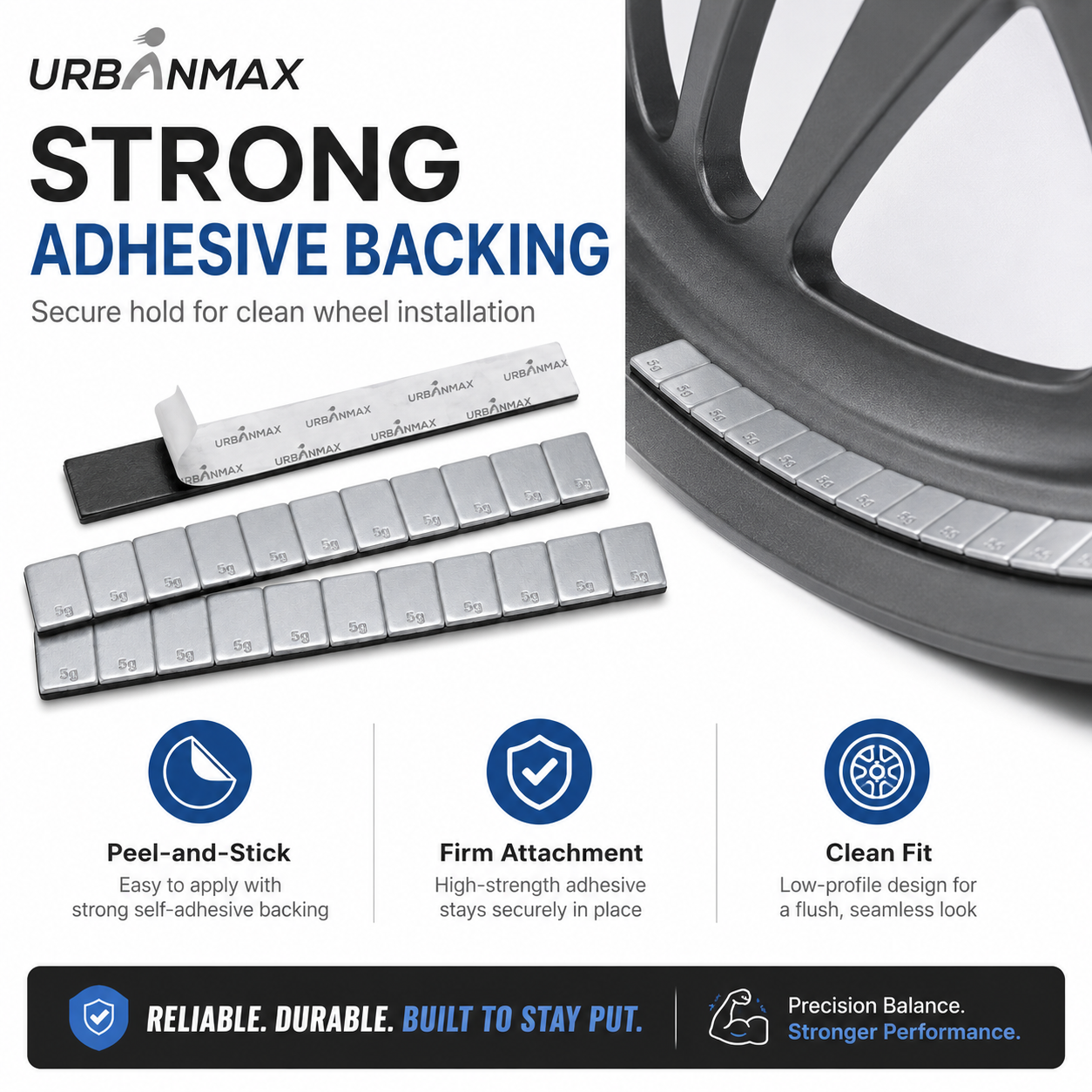 URBANMAX Adhesive Wheel Balance Weights, 5g Segments Stick-On Tire Balancing Weights with Strong Adhesive Backing, Low-Profile Zinc Wheel Weights for Cars, SUVs, Trucks & Motorcycles