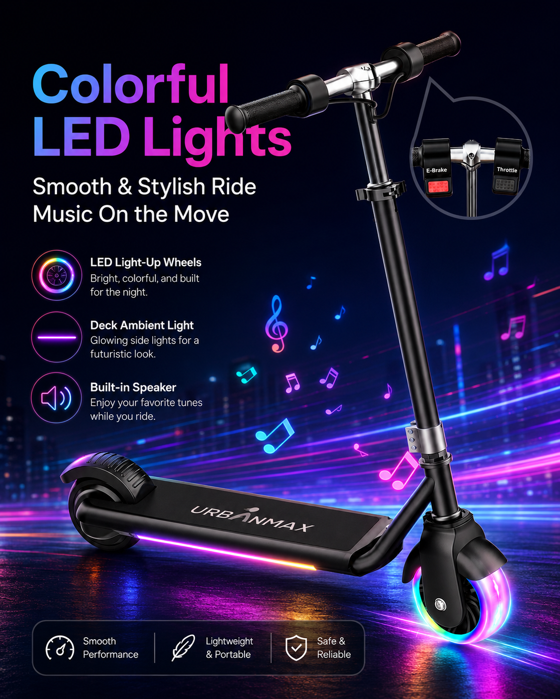 URBANMAX Push Scooter, Foldable Electric Scooter with Colorful LED Lights, Built-in Bluetooth Speaker, Portable Commuter Scooter with Electronic Brake & Throttle Control for Teens and Adults, Black