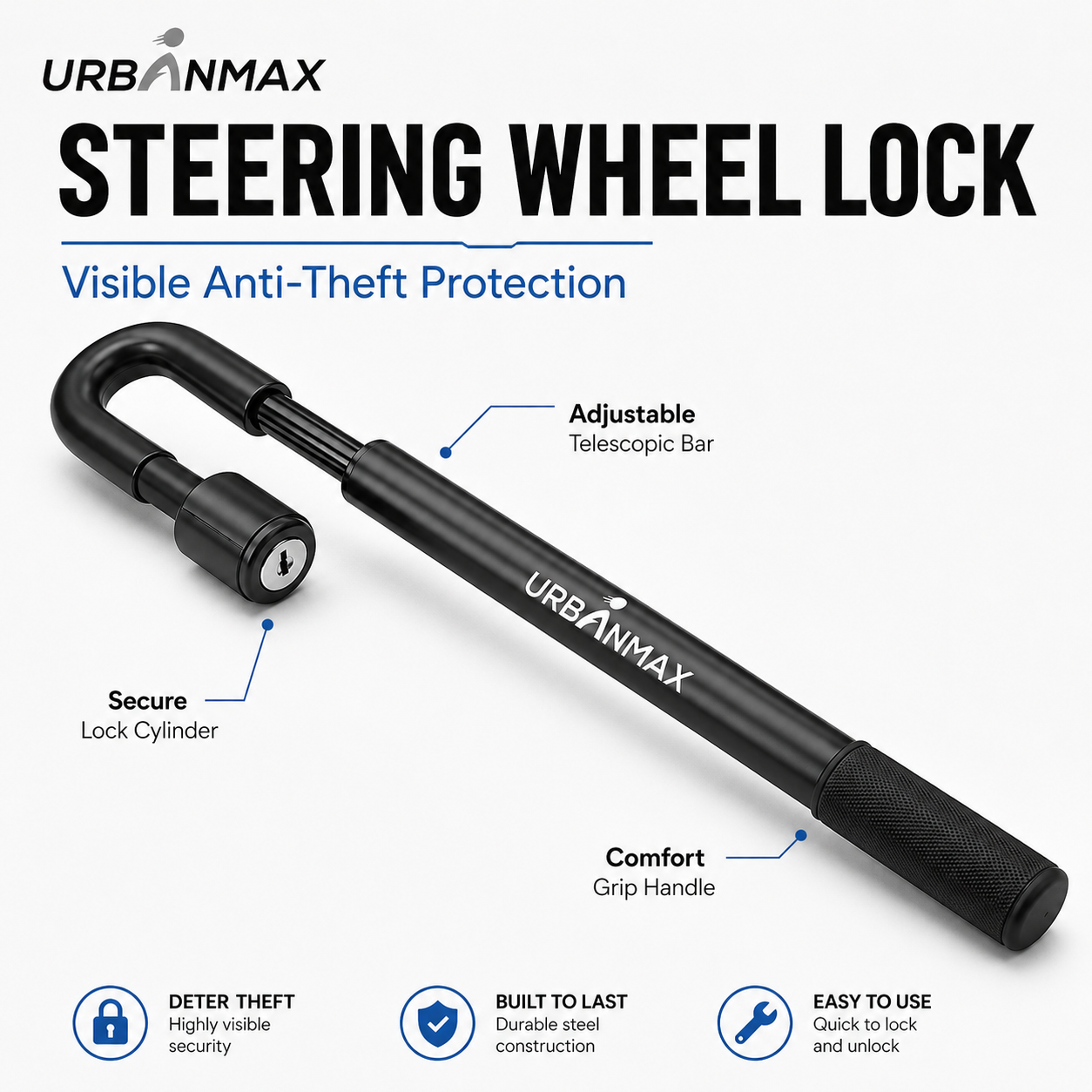URBANMAX Anti-Theft Devices for Motor Cars, Adjustable Steering Wheel Lock with Heavy Duty Steel Construction, Visible Vehicle Security Device with Reinforced Hook and Comfortable Grip Handle