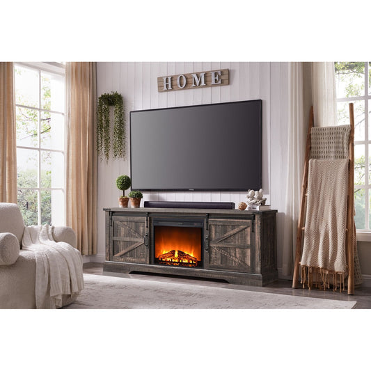 URBANMAX Fireplace TV Stand for 75In TV, 66In Farmhouse Entertainment Center, 23In Electric Fireplace with Remote Control, Large Rustic Media Console Cabinet with Sliding Barn Door