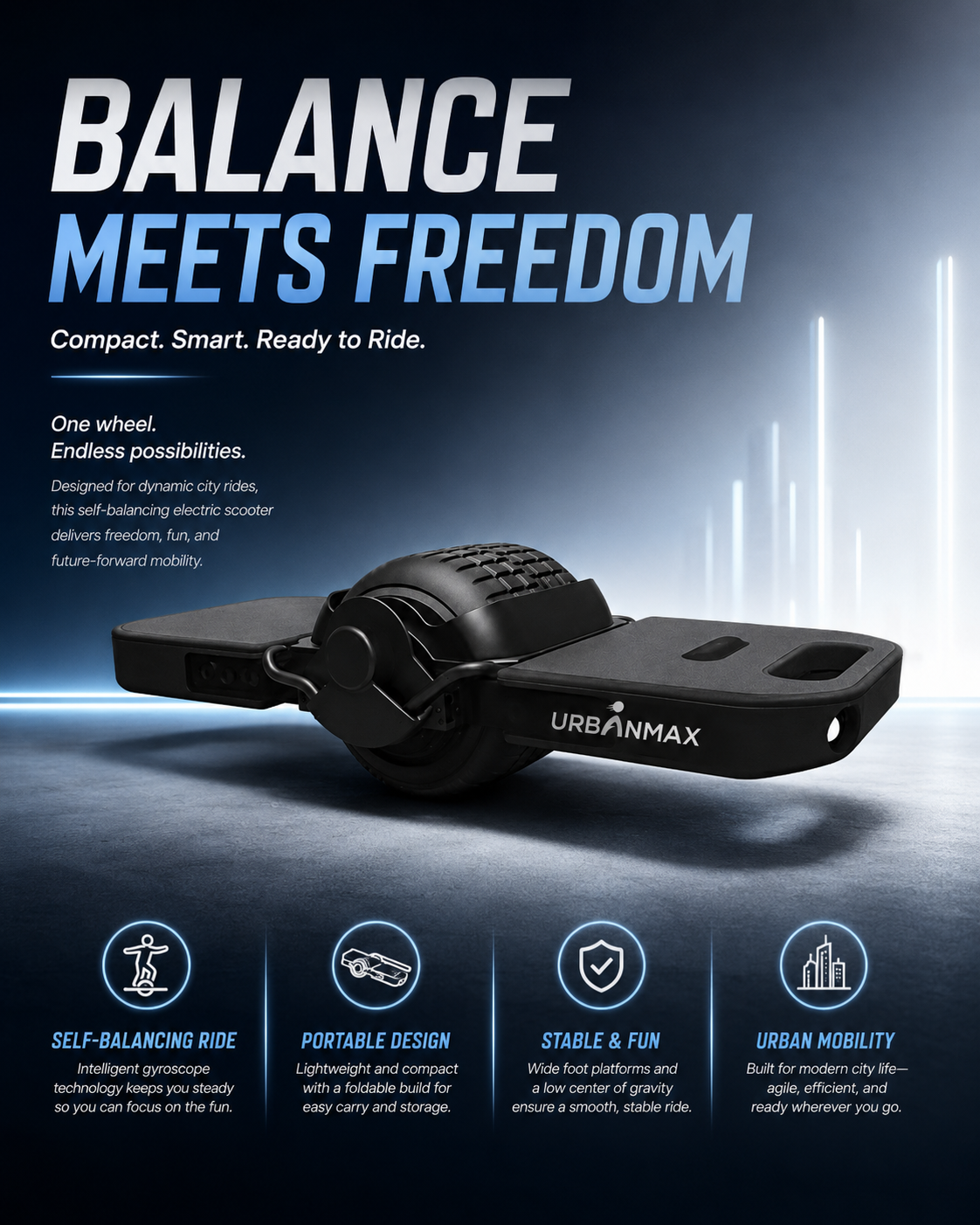 URBANMAX Self-Balancing One-Wheeled Electric Scooters, Foldable Compact Electric Scooter with Built-In Carry Handle, Wide Foot Platforms for Urban Commuting and Portable Travel, Black