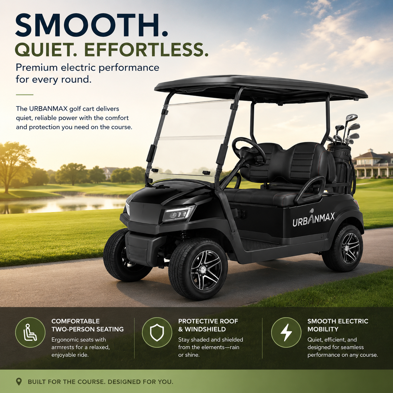 URBANMAX Motorized Golf Carts, 2-Passenger Electric Golf Cart with Windshield, Protective Roof, Comfortable Bench Seat and Headlights for Golf Courses, Resorts and Communities, Black