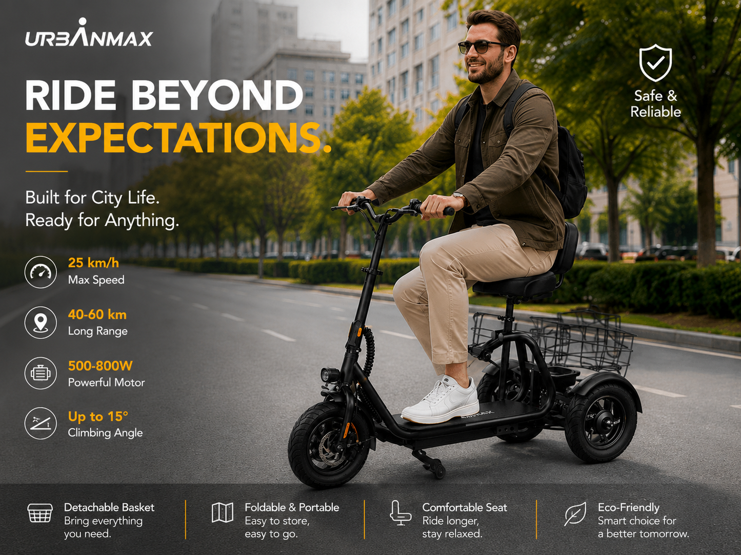 URBANMAX Tricycles Not Being Toys, 3-Wheel Electric Tricycle with Comfortable Seat, Detachable Basket, Wide Deck and Stable Adult Mobility Design, Black