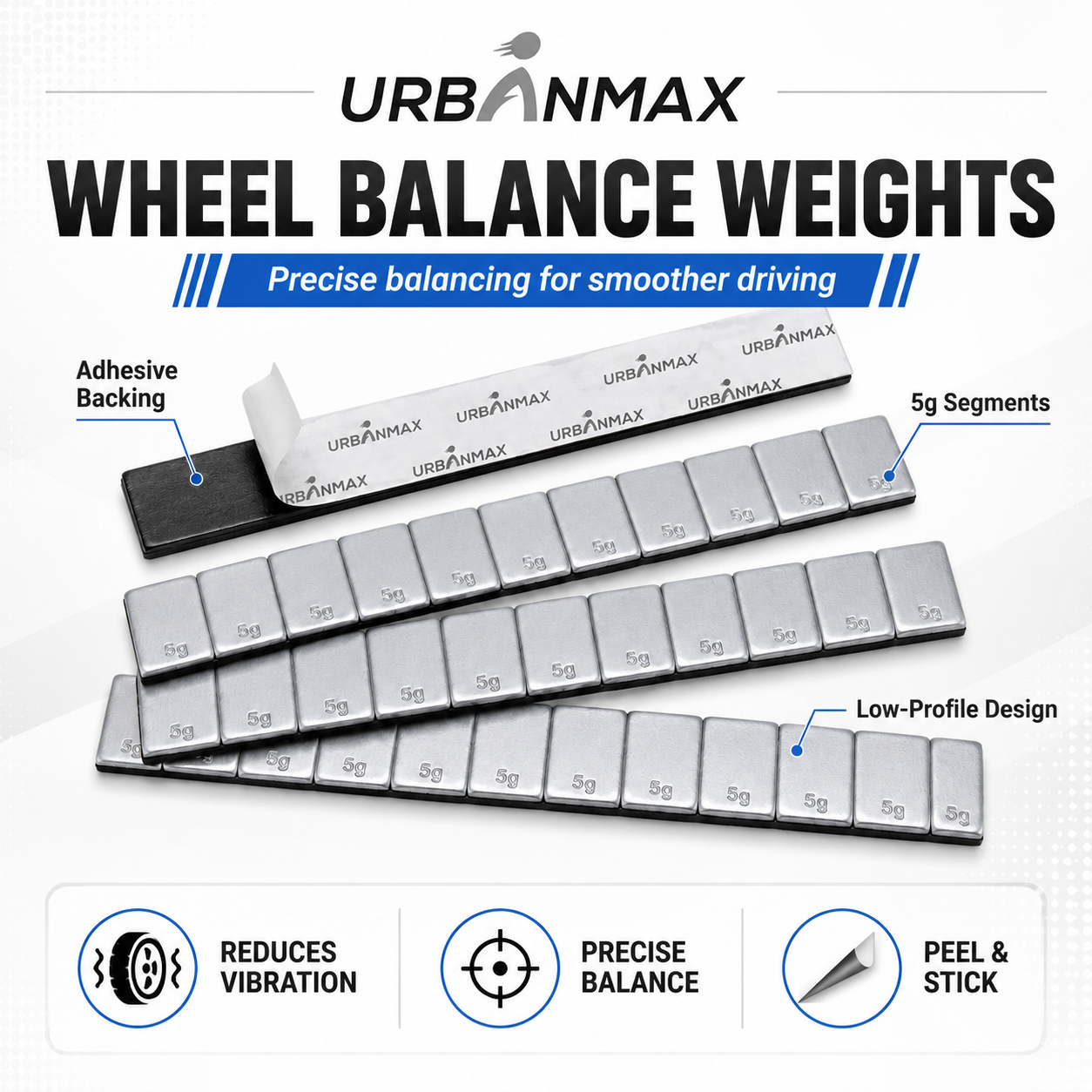 URBANMAX Adhesive Wheel Balance Weights, 5g Segments Stick-On Tire Balancing Weights with Strong Adhesive Backing, Low-Profile Zinc Wheel Weights for Cars, SUVs, Trucks & Motorcycles