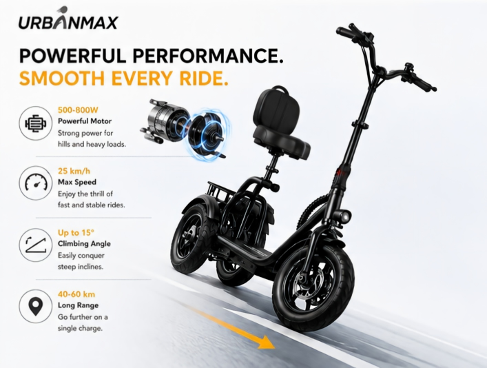 URBANMAX Tricycles Not Being Toys, 3-Wheel Electric Tricycle with Comfortable Seat, Detachable Basket, Wide Deck and Stable Adult Mobility Design, Black