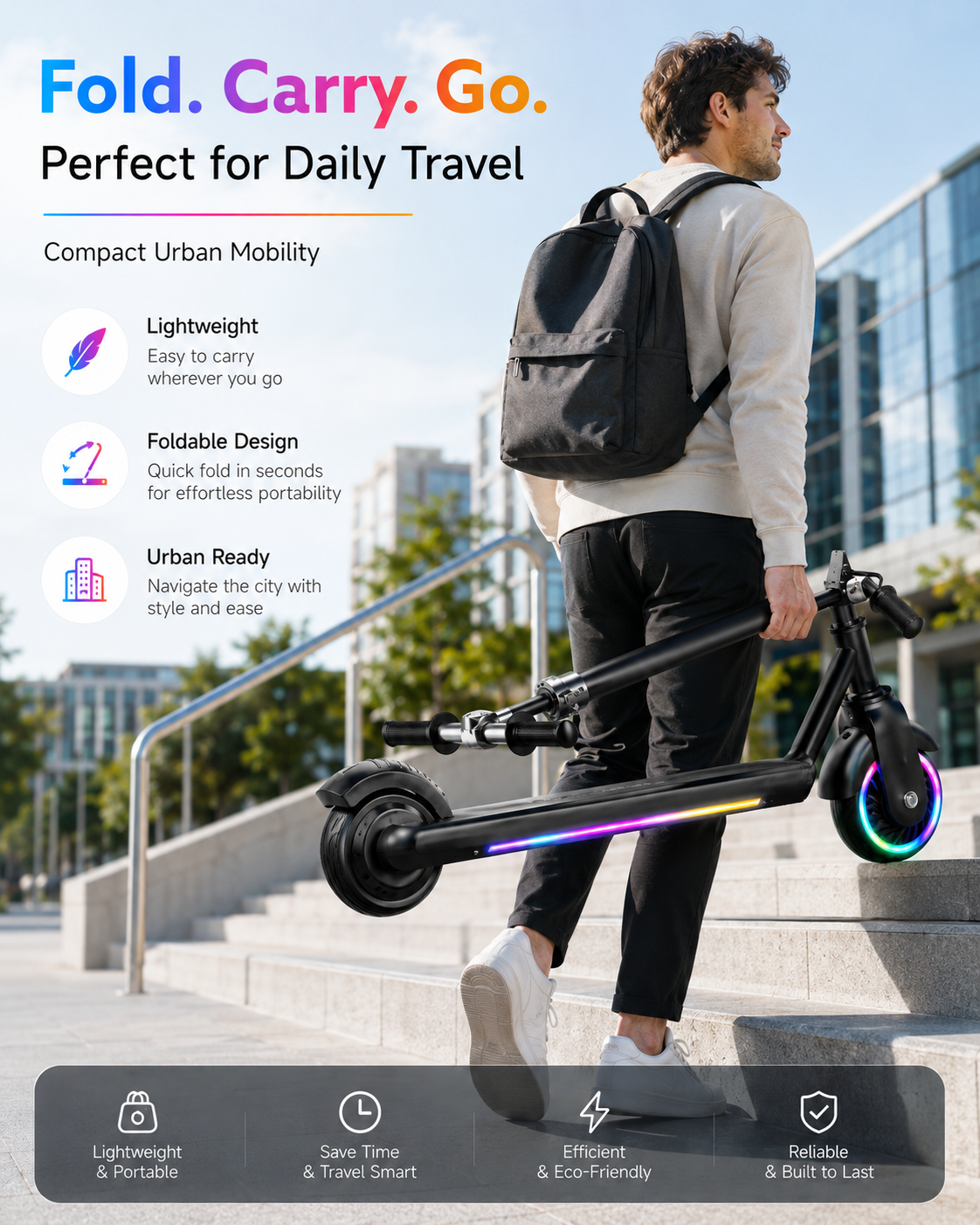 URBANMAX Push Scooter, Foldable Electric Scooter with Colorful LED Lights, Built-in Bluetooth Speaker, Portable Commuter Scooter with Electronic Brake & Throttle Control for Teens and Adults, Black