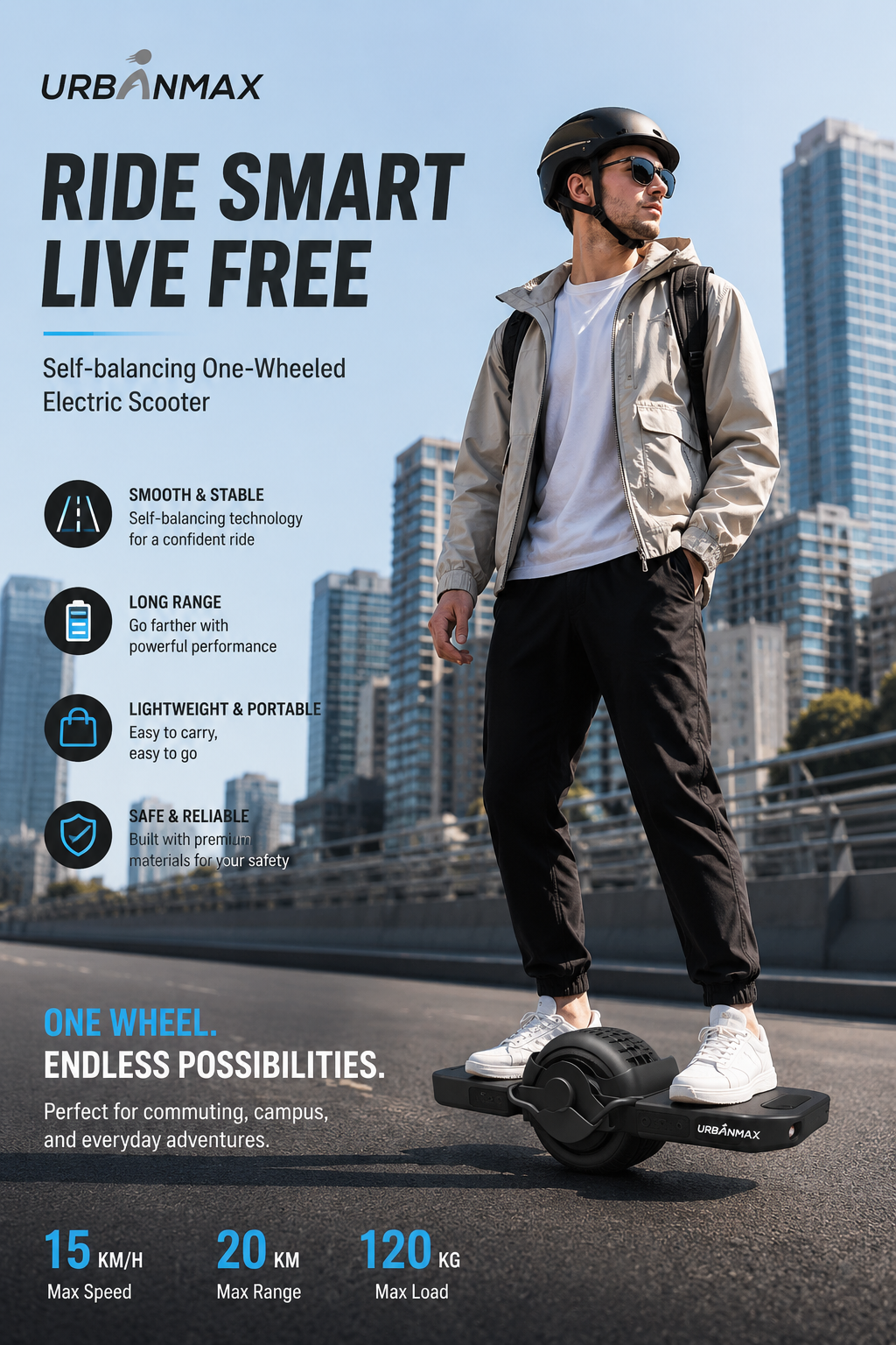 URBANMAX Self-Balancing One-Wheeled Electric Scooters, Foldable Compact Electric Scooter with Built-In Carry Handle, Wide Foot Platforms for Urban Commuting and Portable Travel, Black