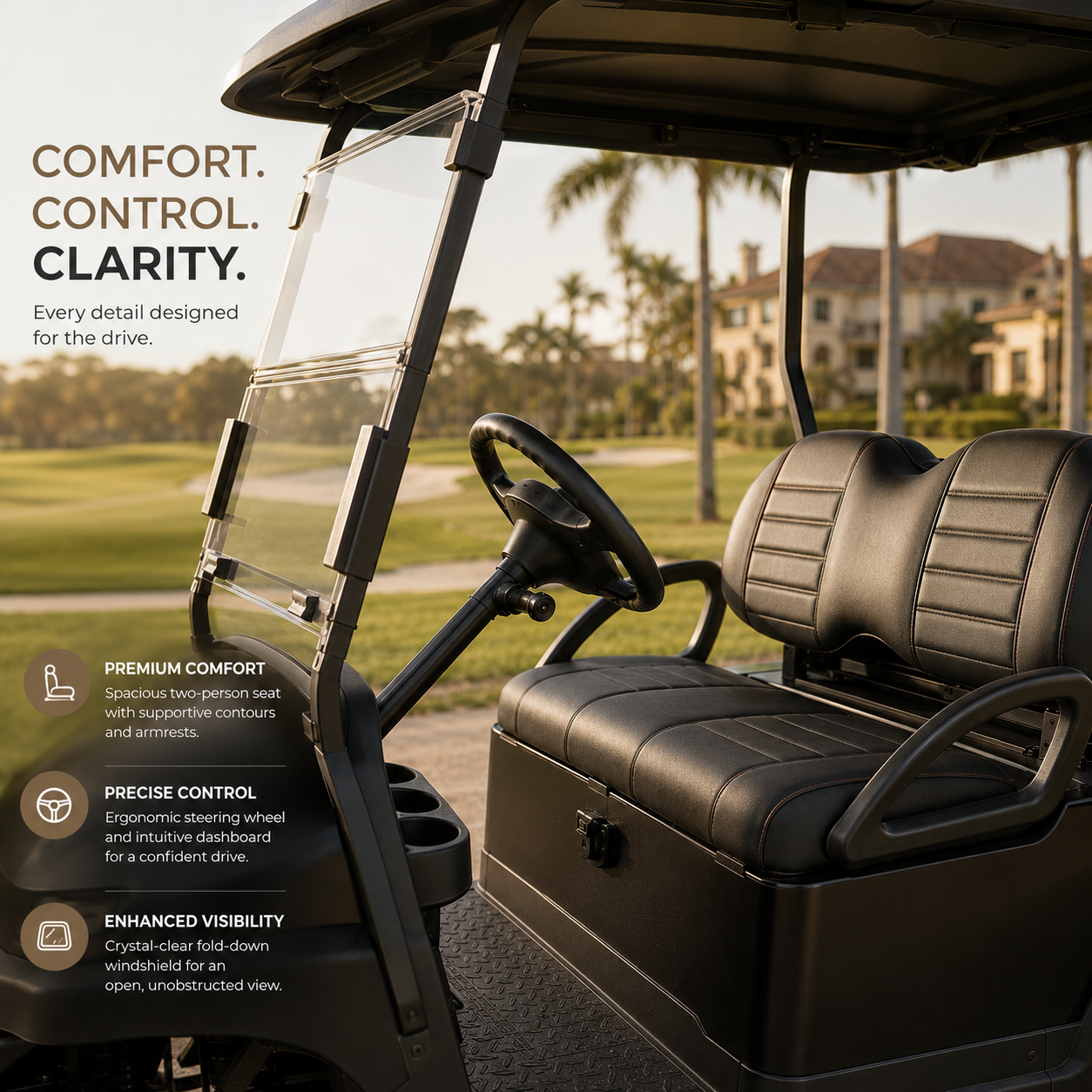 URBANMAX Motorized Golf Carts, 2-Passenger Electric Golf Cart with Windshield, Protective Roof, Comfortable Bench Seat and Headlights for Golf Courses, Resorts and Communities, Black
