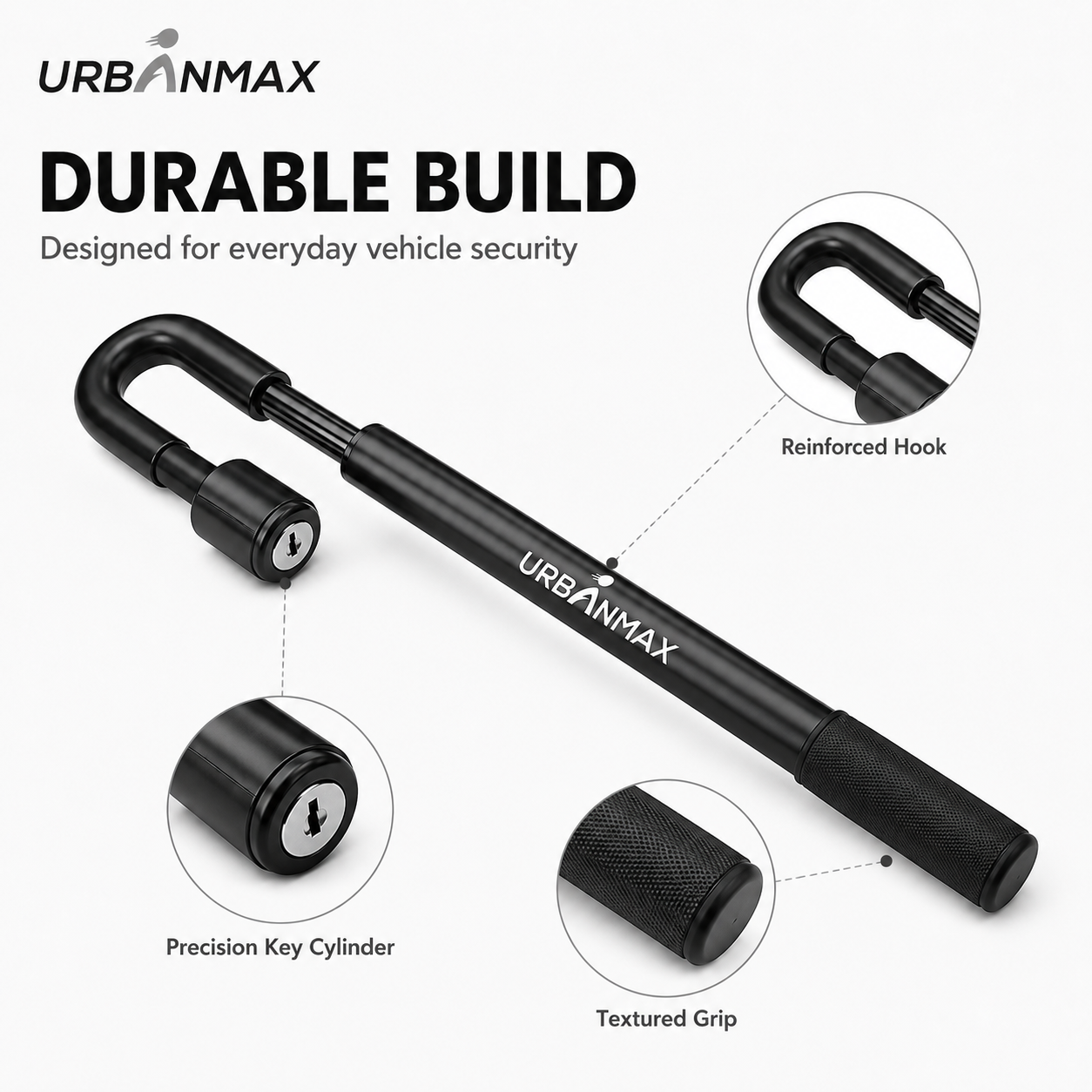 URBANMAX Anti-Theft Devices for Motor Cars, Adjustable Steering Wheel Lock with Heavy Duty Steel Construction, Visible Vehicle Security Device with Reinforced Hook and Comfortable Grip Handle