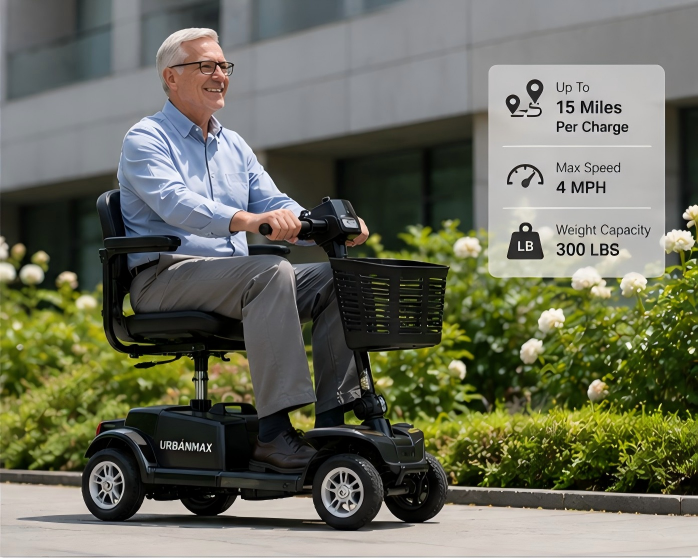 URBANMAX Mobility Scooters for Adults and Seniors, 4-Wheel Electric Mobility Scooter with Padded Seat, Adjustable Armrests, Front Basket and Headlights, Up to 15 Miles Range, 300 LBS Capacity, Black