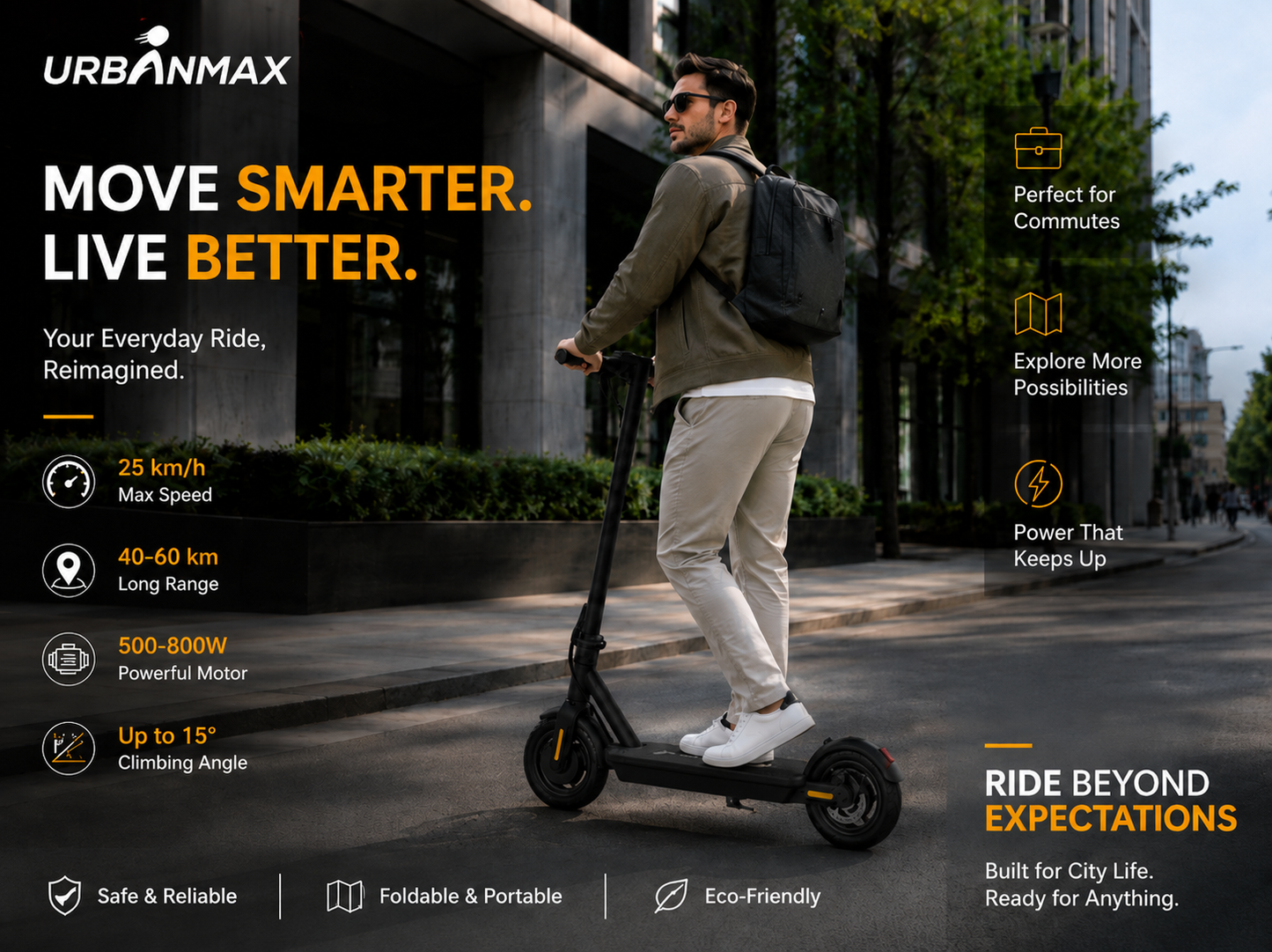 URBANMAX Motor Scooters for Adults, Foldable Electric Scooter with 10-Inch Tires, Up to 25 km/h Speed, 40–60 km Range, 500–800W Motor, Portable Commuting Scooter for City Travel