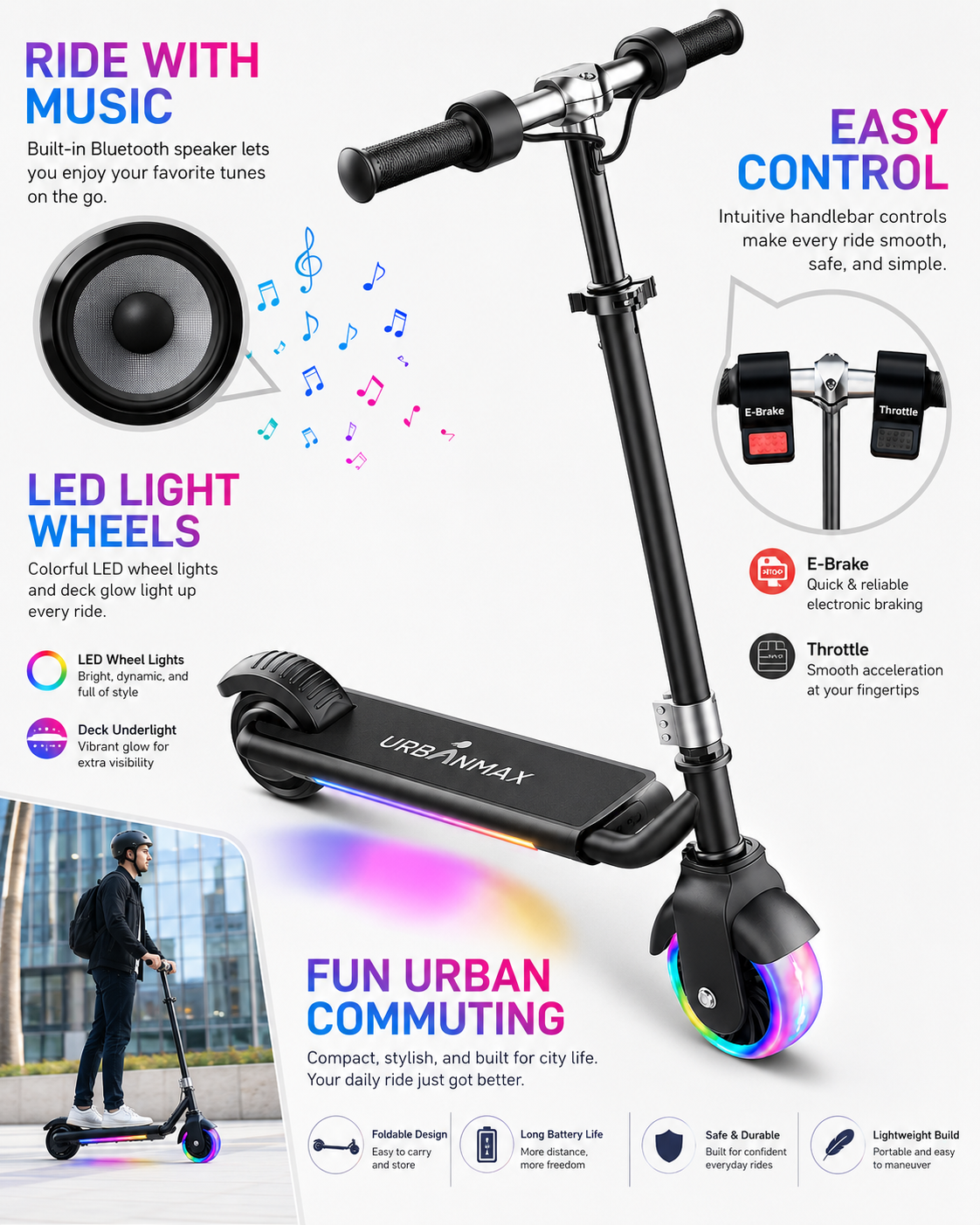 URBANMAX Push Scooter, Foldable Electric Scooter with Colorful LED Lights, Built-in Bluetooth Speaker, Portable Commuter Scooter with Electronic Brake & Throttle Control for Teens and Adults, Black