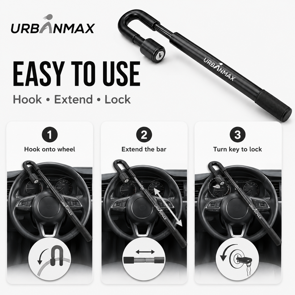 URBANMAX Anti-Theft Devices for Motor Cars, Adjustable Steering Wheel Lock with Heavy Duty Steel Construction, Visible Vehicle Security Device with Reinforced Hook and Comfortable Grip Handle