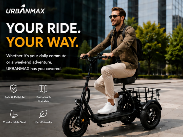 URBANMAX Tricycles Not Being Toys, 3-Wheel Electric Tricycle with Comfortable Seat, Detachable Basket, Wide Deck and Stable Adult Mobility Design, Black