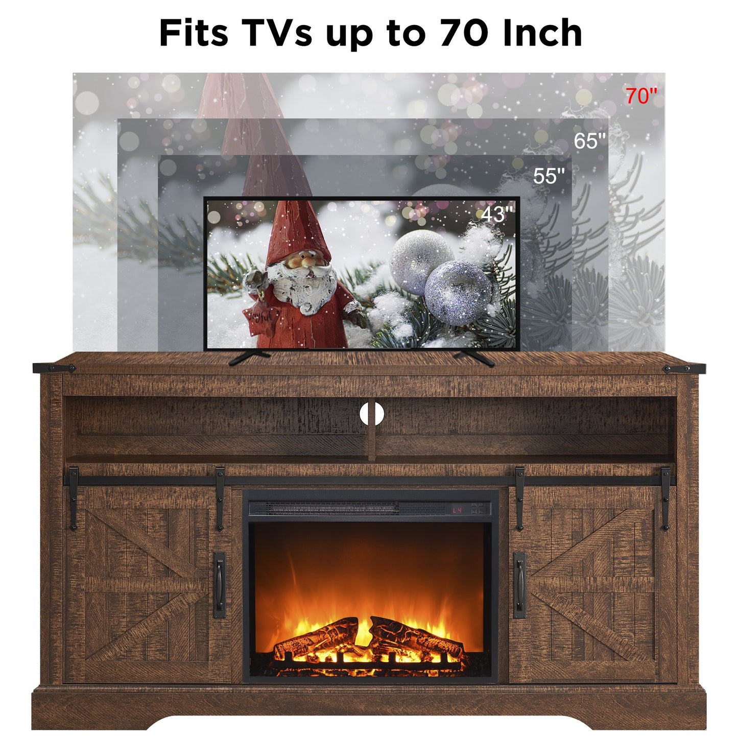 URBANMAX Fireplace TV Stand for 65+ Inch TV, Farmhouse Entertainment Center with 23" Fireplace & LED Lights, Rustic Media Console Table with Sliding Barn Door for Living Room