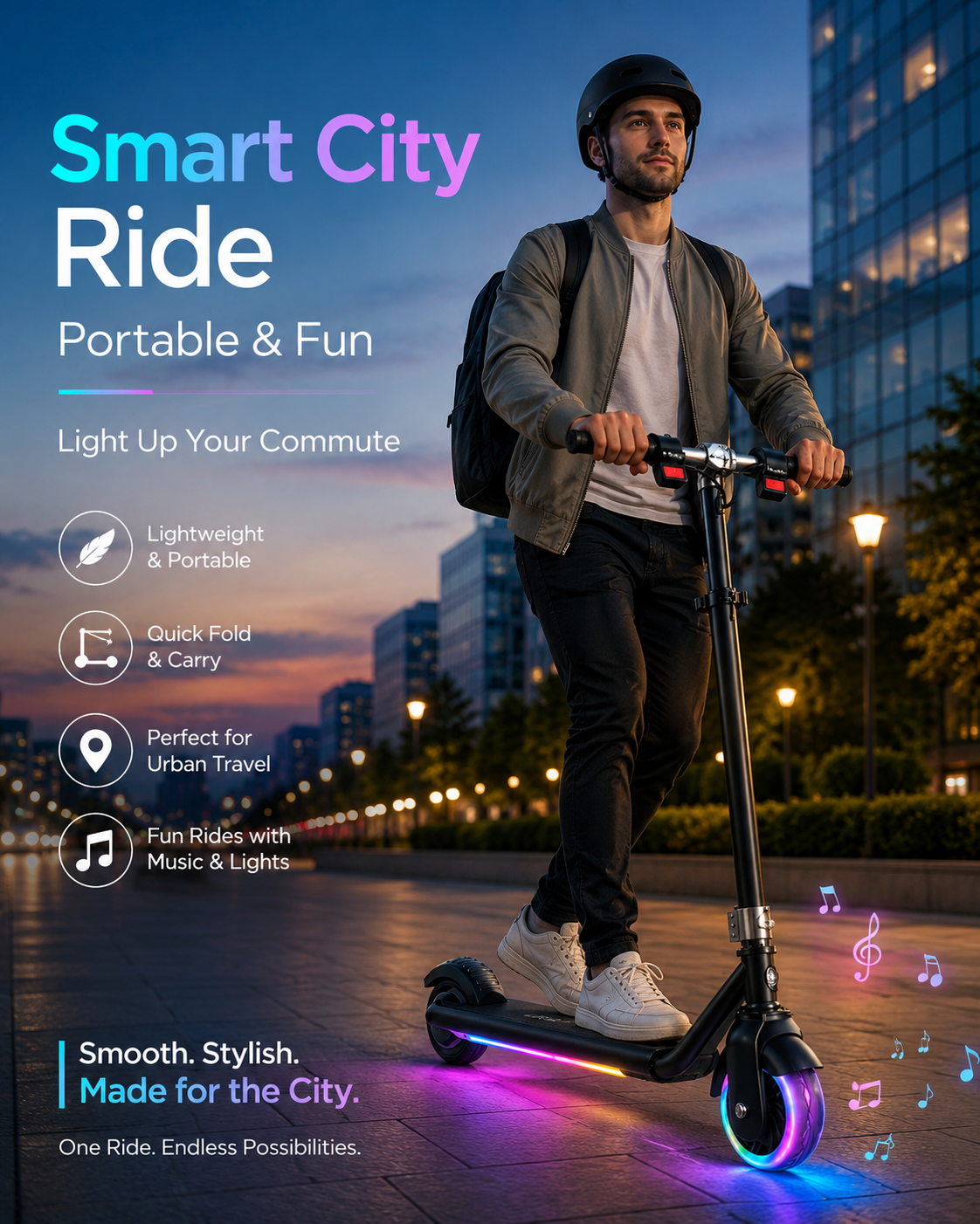 URBANMAX Push Scooter, Foldable Electric Scooter with Colorful LED Lights, Built-in Bluetooth Speaker, Portable Commuter Scooter with Electronic Brake & Throttle Control for Teens and Adults, Black