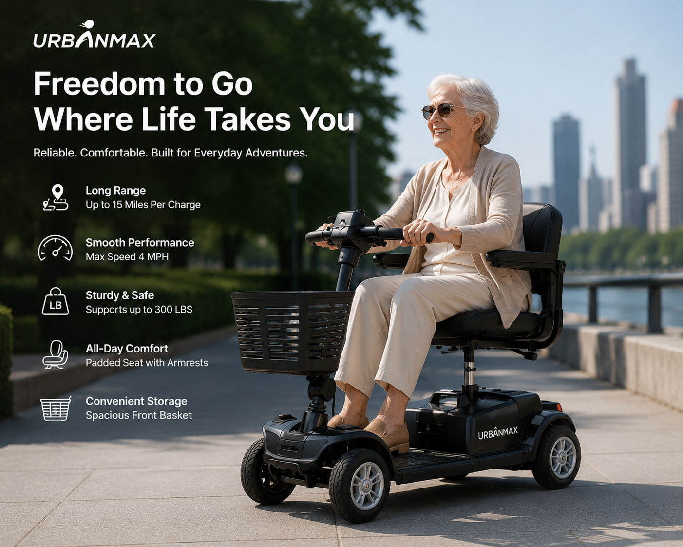 URBANMAX Mobility Scooters for Adults and Seniors, 4-Wheel Electric Mobility Scooter with Padded Seat, Adjustable Armrests, Front Basket and Headlights, Up to 15 Miles Range, 300 LBS Capacity, Black