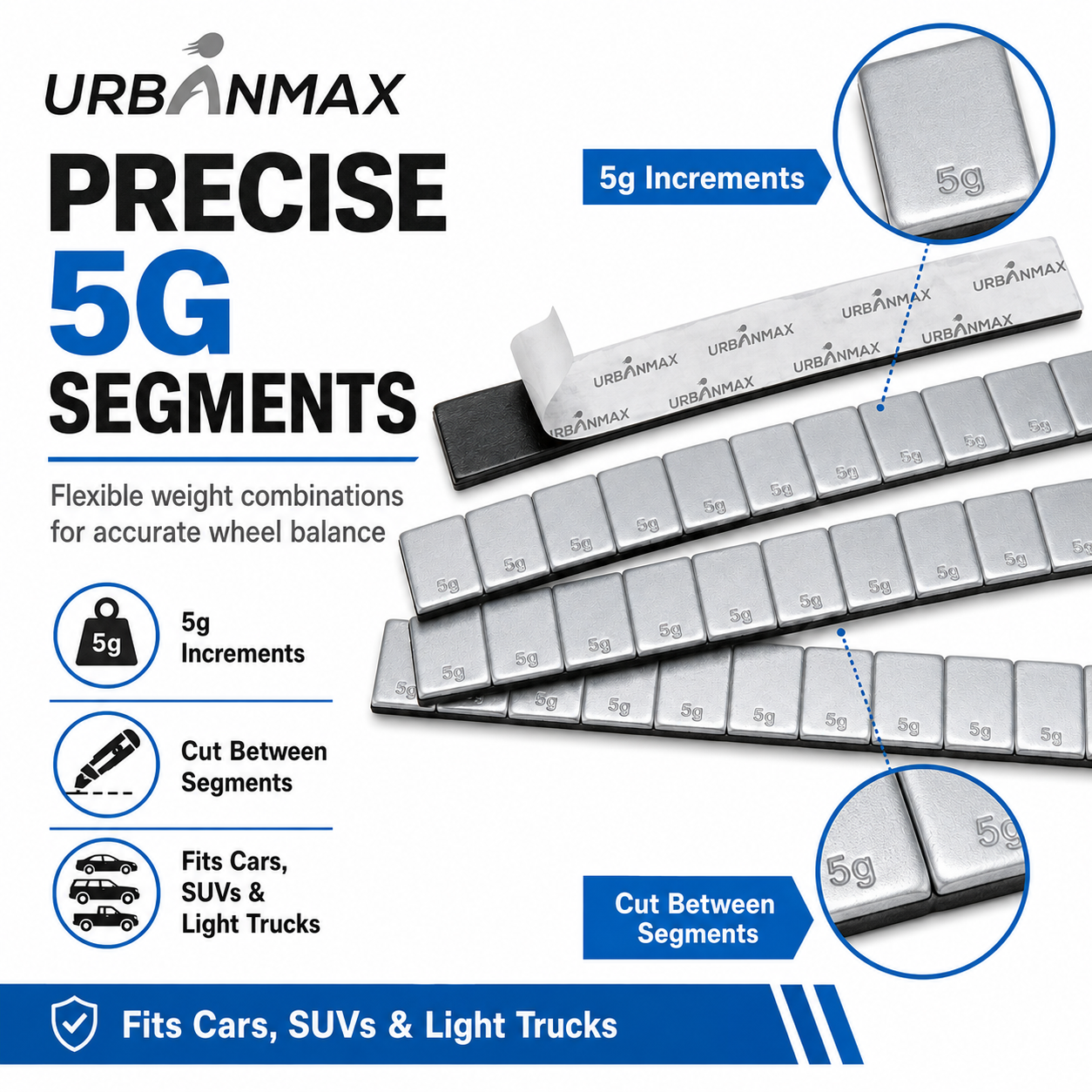 URBANMAX Adhesive Wheel Balance Weights, 5g Segments Stick-On Tire Balancing Weights with Strong Adhesive Backing, Low-Profile Zinc Wheel Weights for Cars, SUVs, Trucks & Motorcycles