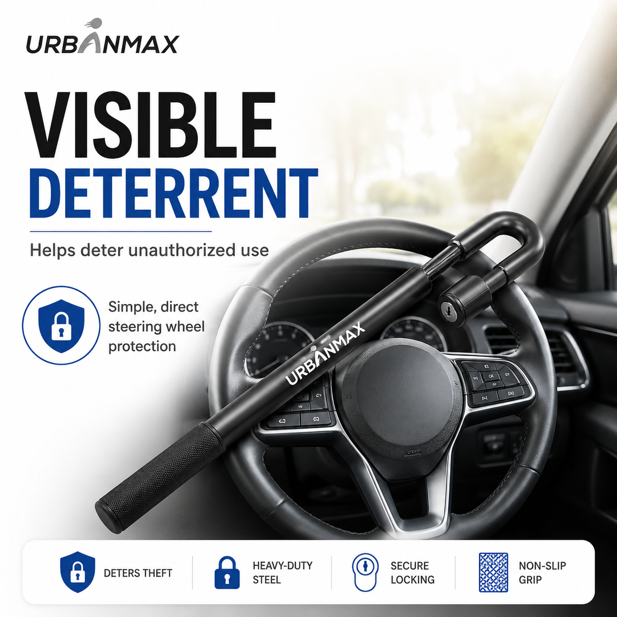 URBANMAX Anti-Theft Devices for Motor Cars, Adjustable Steering Wheel Lock with Heavy Duty Steel Construction, Visible Vehicle Security Device with Reinforced Hook and Comfortable Grip Handle