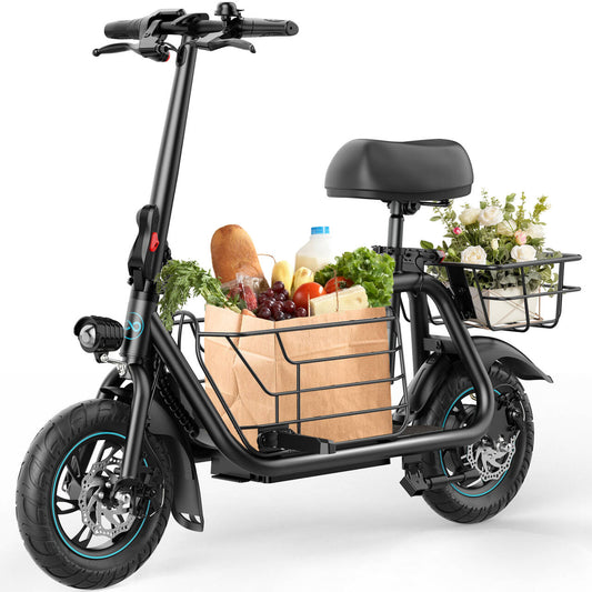 Electric Scooter with Seat, 550W Motor,18.6MPH Top Speed, 20 Miles Range,Adults Electric Scooter with Large Storage Basket for Pets Dogs and Items,Dark Black