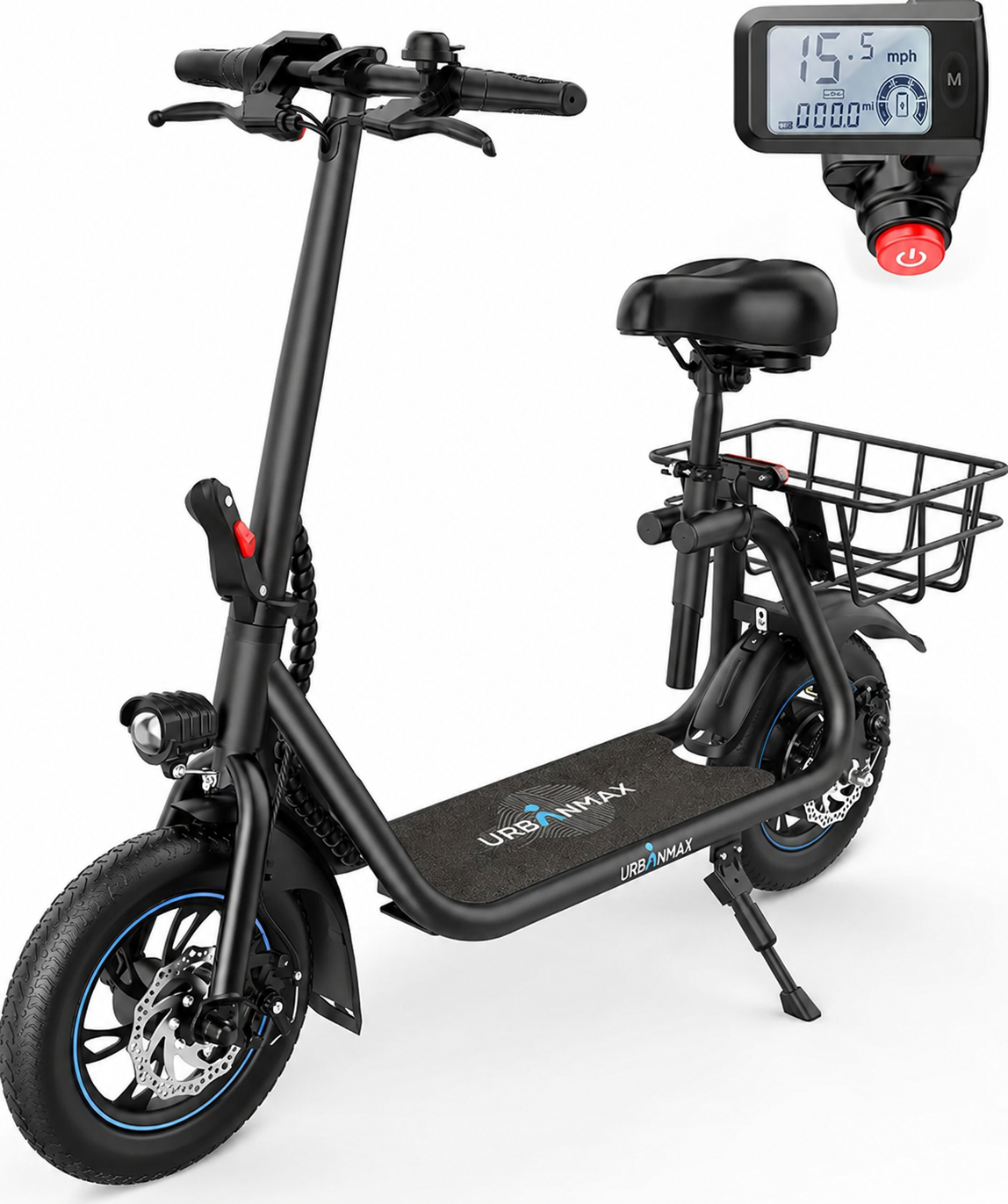 Urbanmax C1/C1 Pro Electrically-powered motor scooters with Seat, 450W Powerful Motor up to 22/25 Miles Range, Foldable Electric Scooter for Adults Max Speed 15.5/18.6 Mph, Electric Scooter for Commuting with Basket
