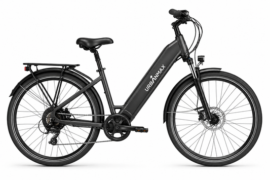 URBANMAX Electric Bicycles for Adults, Step-Through Commuter E-Bike with Integrated Battery, Front Suspension, Disc Brakes, Rear Rack and Fenders