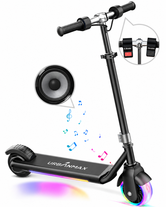 URBANMAX Push Scooter, Foldable Electric Scooter with Colorful LED Lights, Built-in Bluetooth Speaker, Portable Commuter Scooter with Electronic Brake & Throttle Control for Teens and Adults, Black