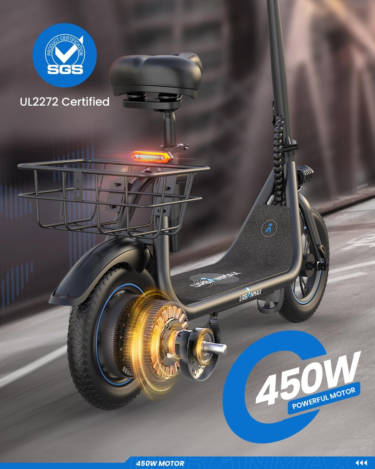 C1/C1 Pro Electric Scooter with Seat, 450W Powerful Motor up to 22/25 Miles Range, Foldable Electric Scooter for Adults Max Speed 15.5/18.6 Mph, Electric Scooter for Commuting with Basket
