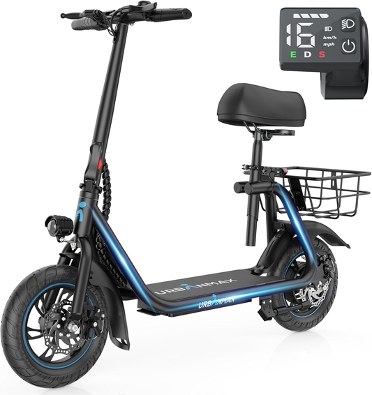 URBANMAX C1 Electric Scooter for Adults with Seat & Basket, 20 Miles Range, 265LBS Load,Wide Anti-Slip Deck for Groceries or Pets, Foldable Commuter Scooter